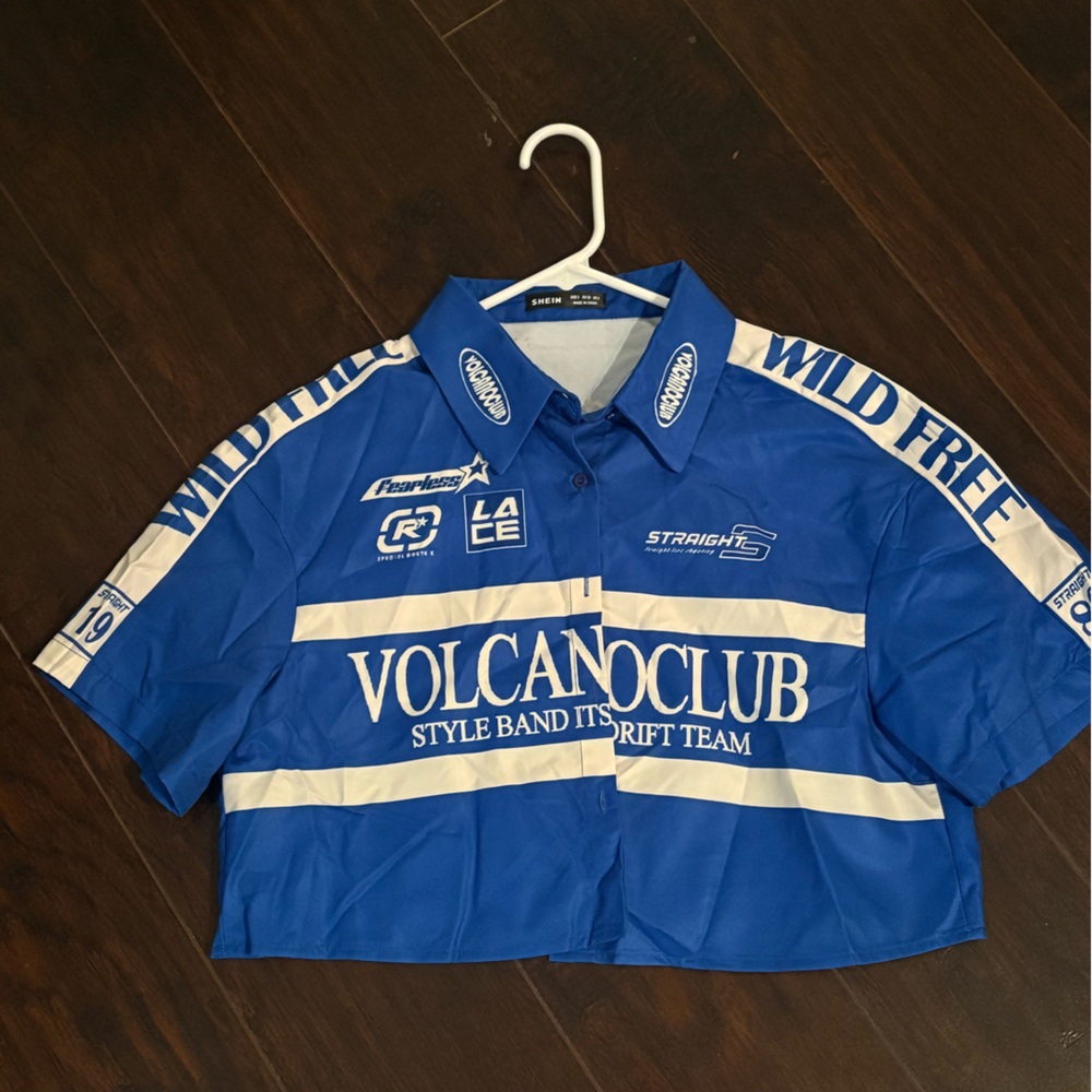 SHEIN Blue and White Graphic Crop Top